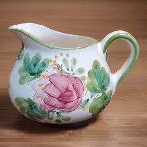 Vtg Hand Painted Ceramic Small Squat Pitcher Vase Floral Pink Green Portugal